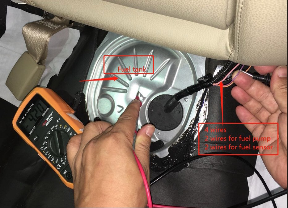 Finding the fuel tank wire with a multimeter -- 4 wires, 2 for fuel pump, 2 for fuel sensor